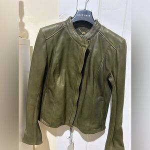 NWT Cole Haan moss/olive green leather biker jacket. Sz S. On trend color! Fab